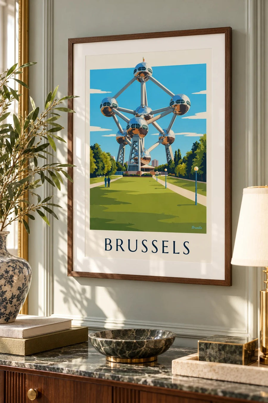 Brussels Atomium and park lawns poster: small framed A4 size