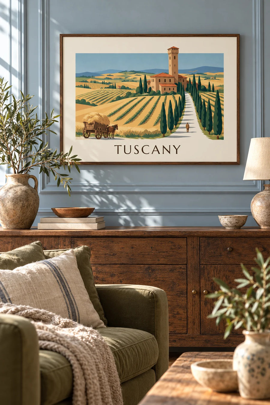 Affiche villa toscane, allée de cyprès et collines de blé : encadrée au mur