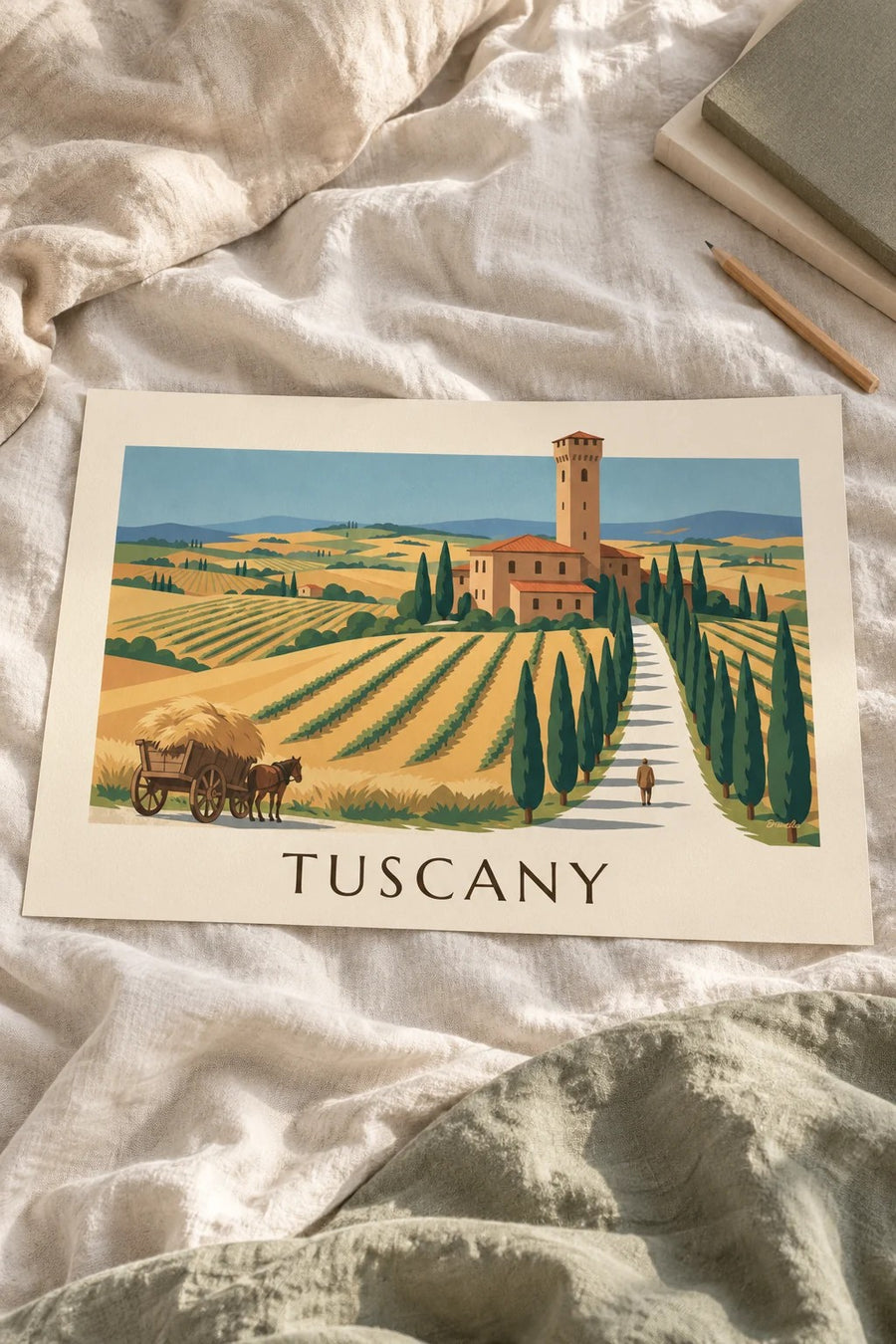 Tuscan villa, cypress lane and wheat hills poster: placed on a table
