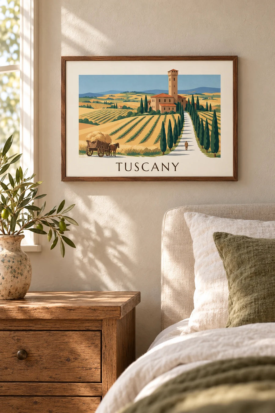 Affiche villa toscane, allée de cyprès et collines de blé : petit format A4 encadré