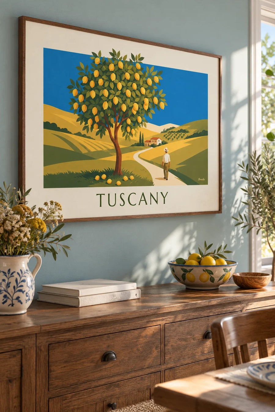 Sunlit Tuscan garden lemon tree poster: framed on the wall