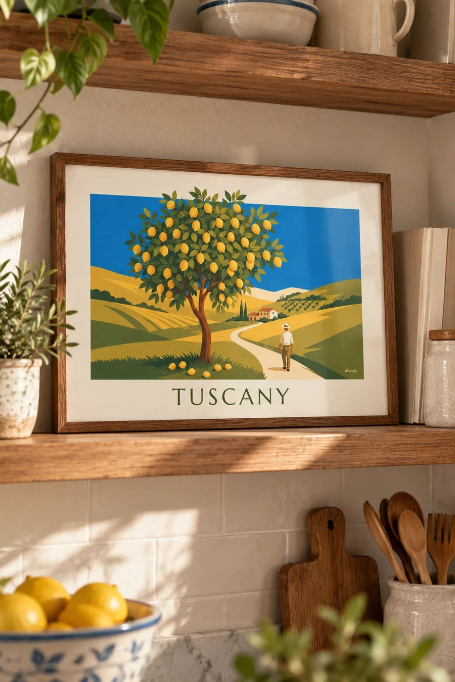 Sunlit Tuscan garden lemon tree poster: small framed A4