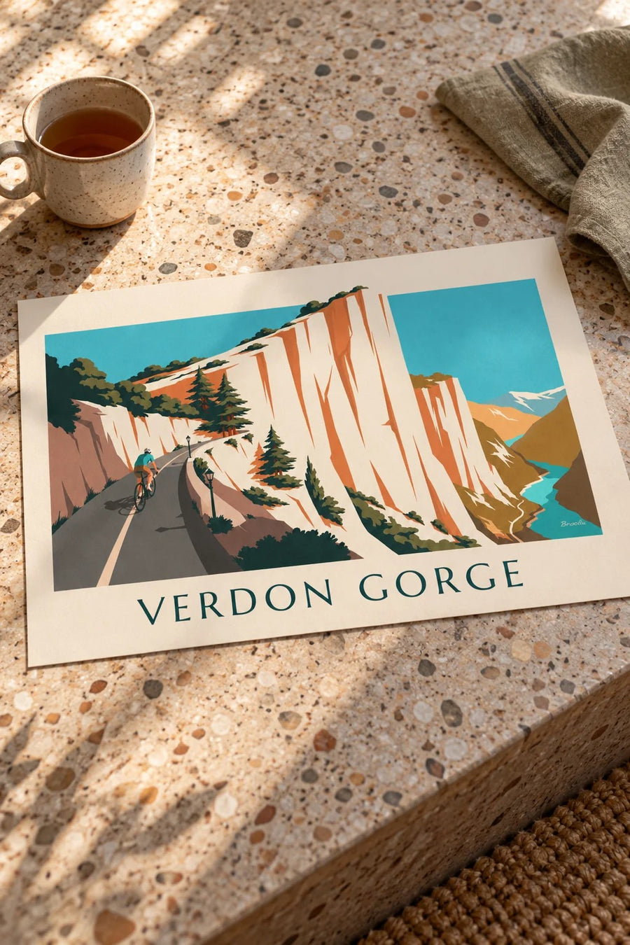 Cyclist on the Gorges du Verdon road poster: laid flat on a table