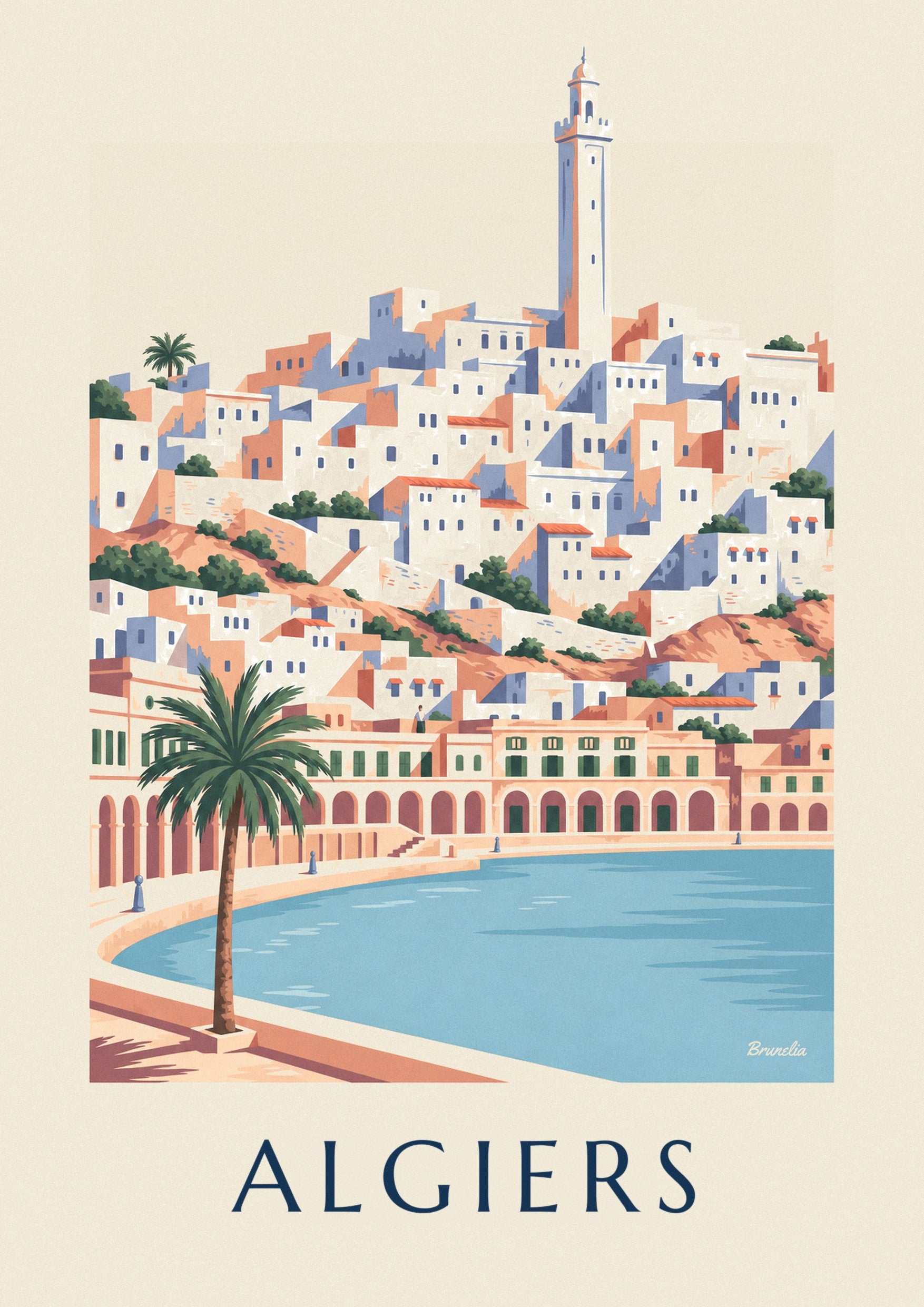 Algiers white casbah and arcaded seafront poster: close-up detail