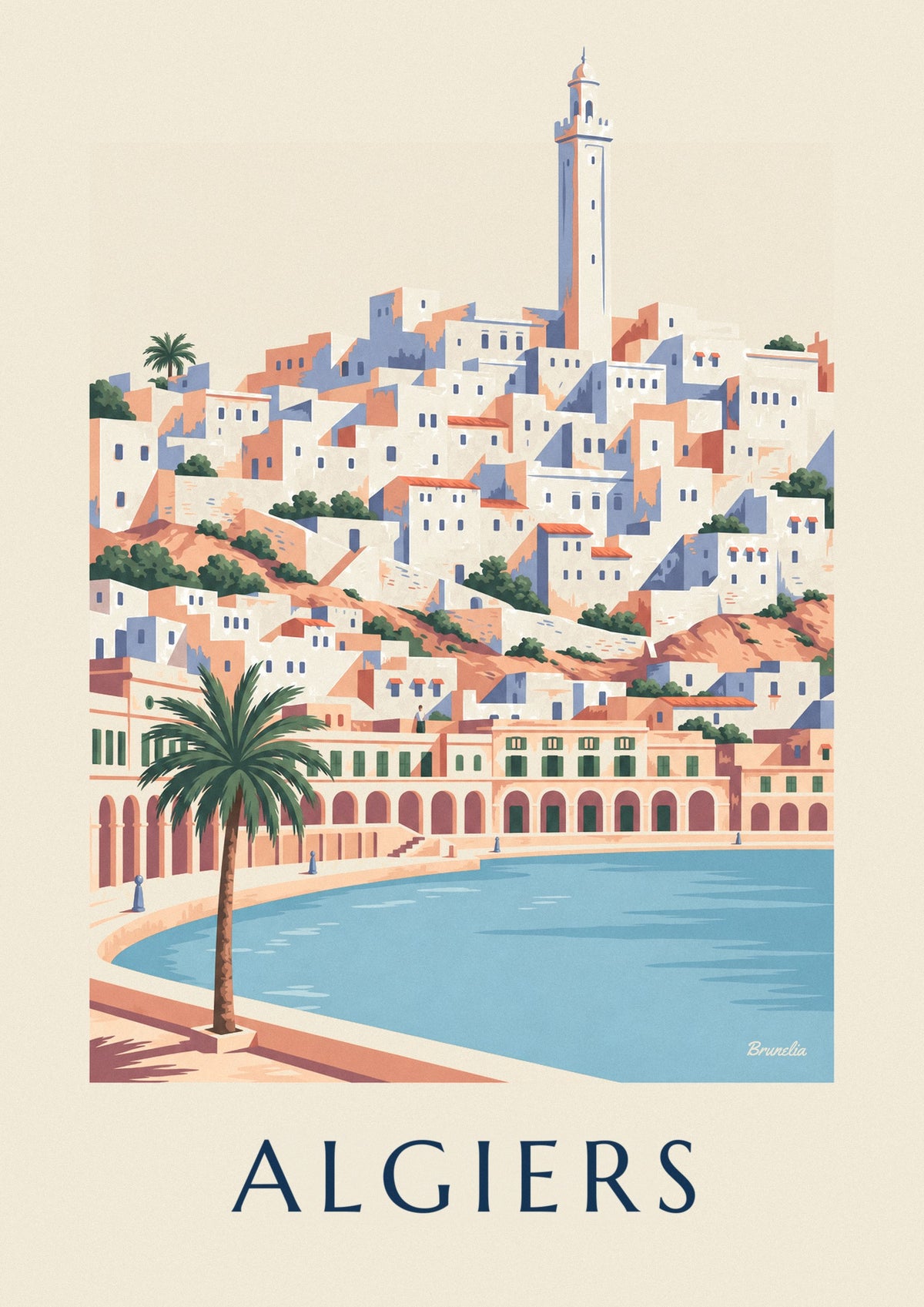 Algiers white casbah and arcaded seafront poster