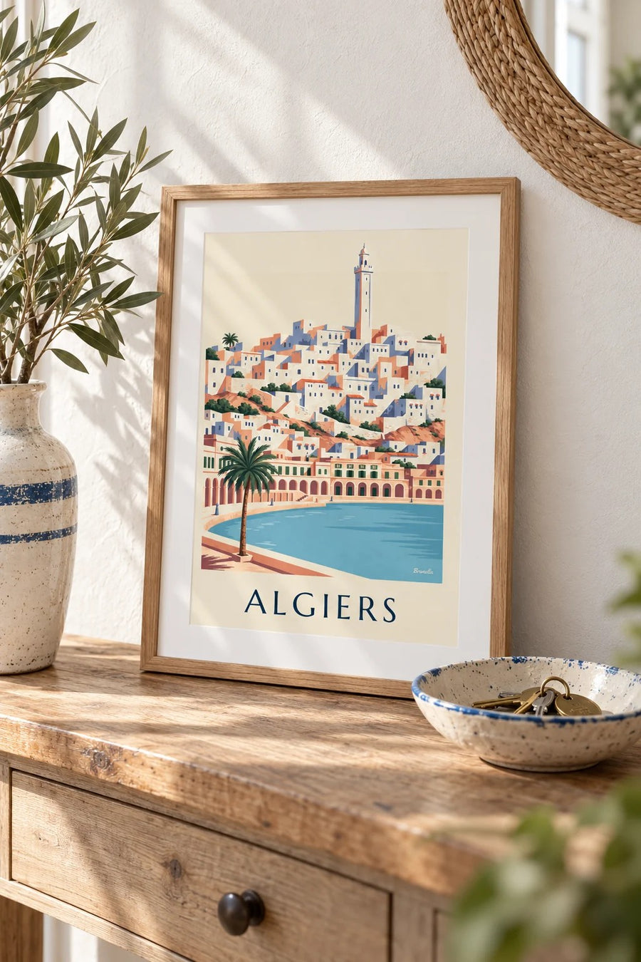 Algiers white casbah and arcaded seafront poster: small A4 size, framed
