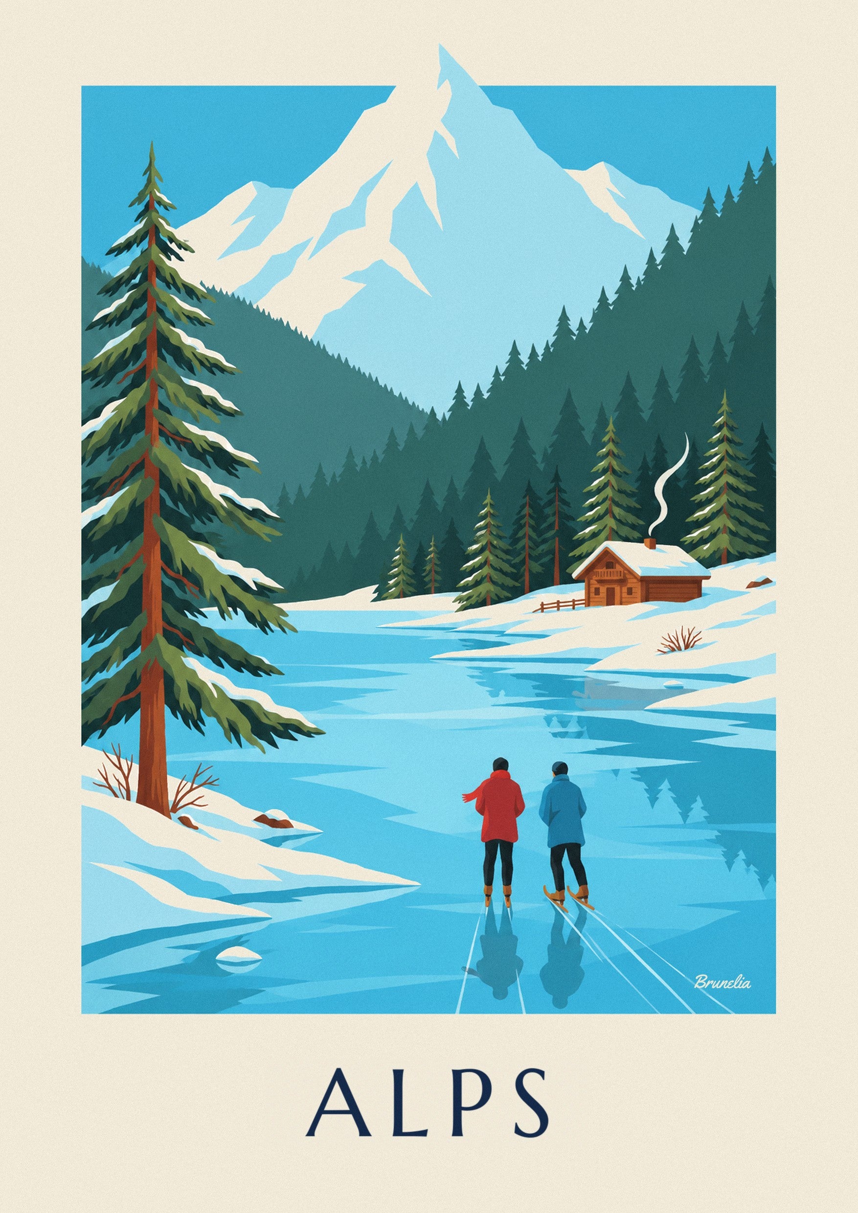 Skaters on a frozen lake below snowy Alps poster: close-up detail