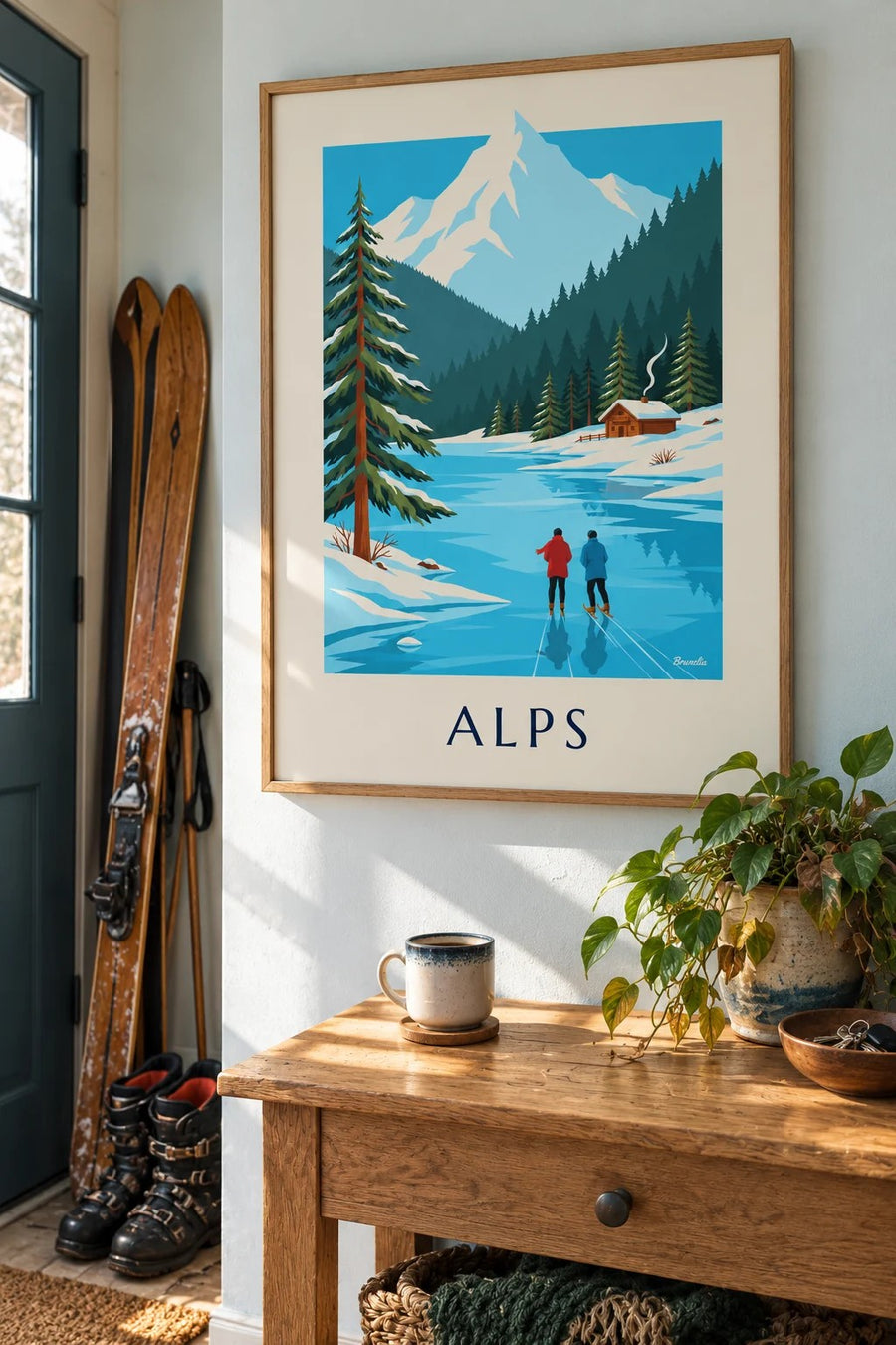 Skaters on a frozen lake below snowy Alps poster: framed on the wall