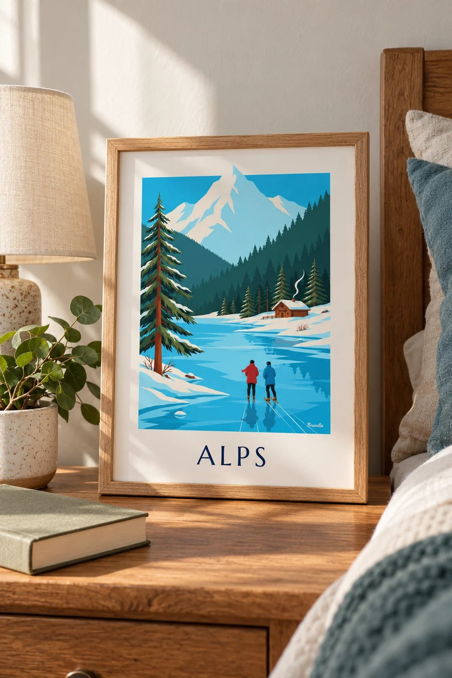 Skaters on a frozen lake below snowy Alps poster: small A4 size, framed