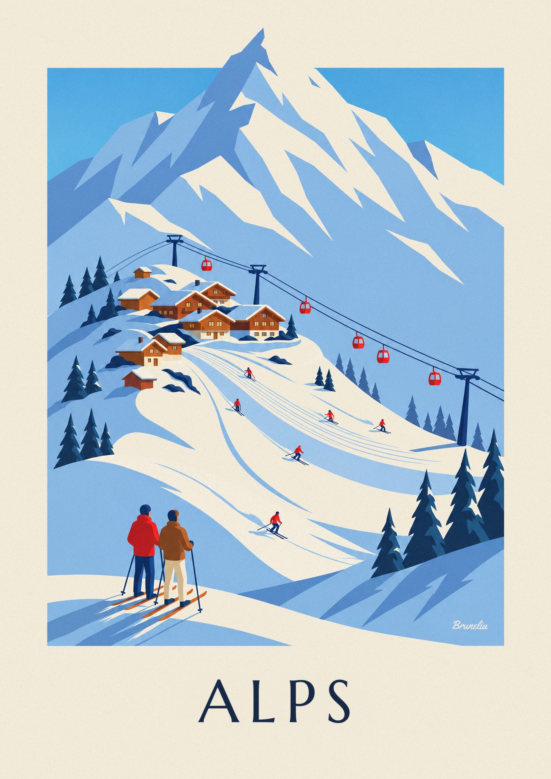 French Alps ski resort and gondola poster: close-up detail