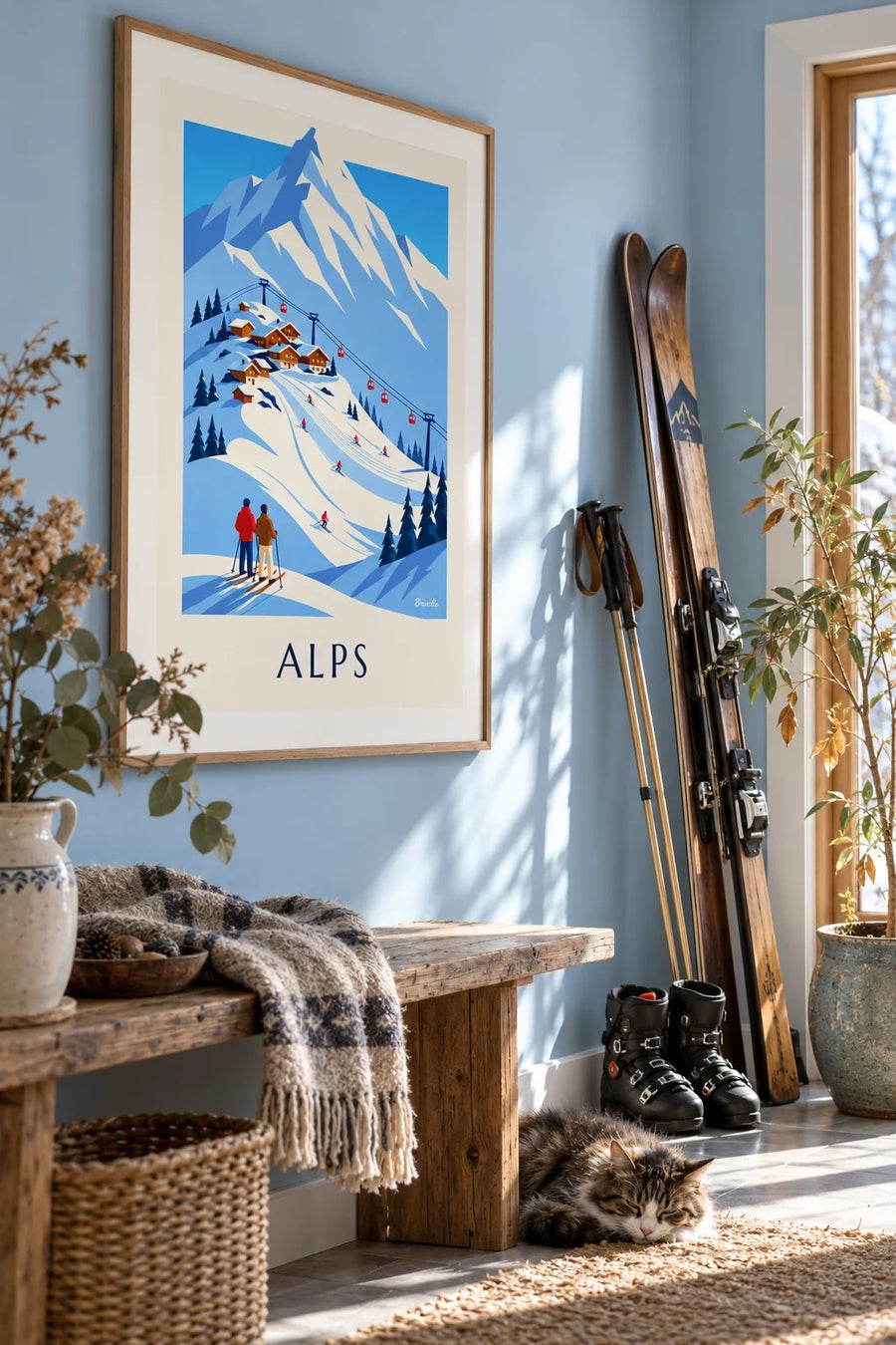 French Alps ski resort and gondola poster: framed on the wall