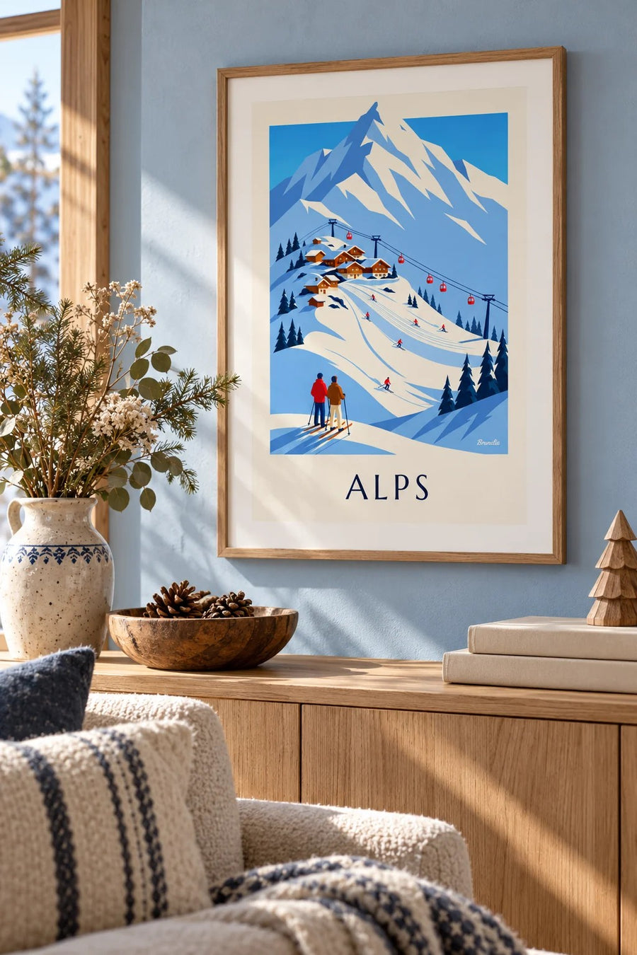 French Alps ski resort and gondola poster: small framed A4