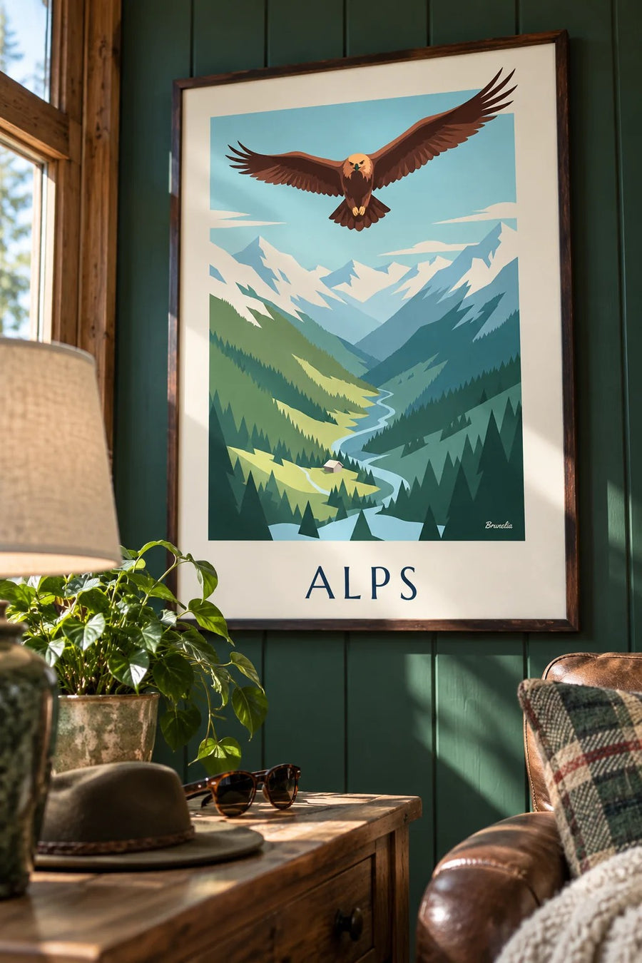 Golden eagle over an Alpine valley poster: framed on the wall