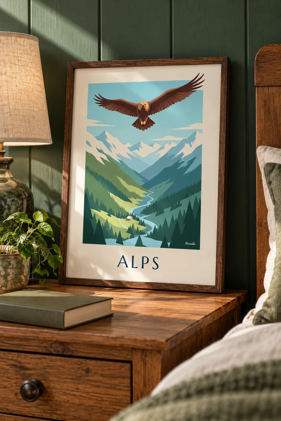 Golden eagle over an Alpine valley poster: small A4 size, framed