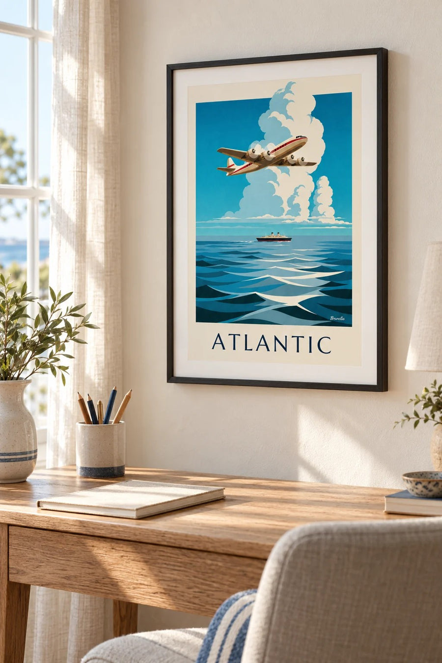 4-engine airliner over the Atlantic poster: small A4 size, framed