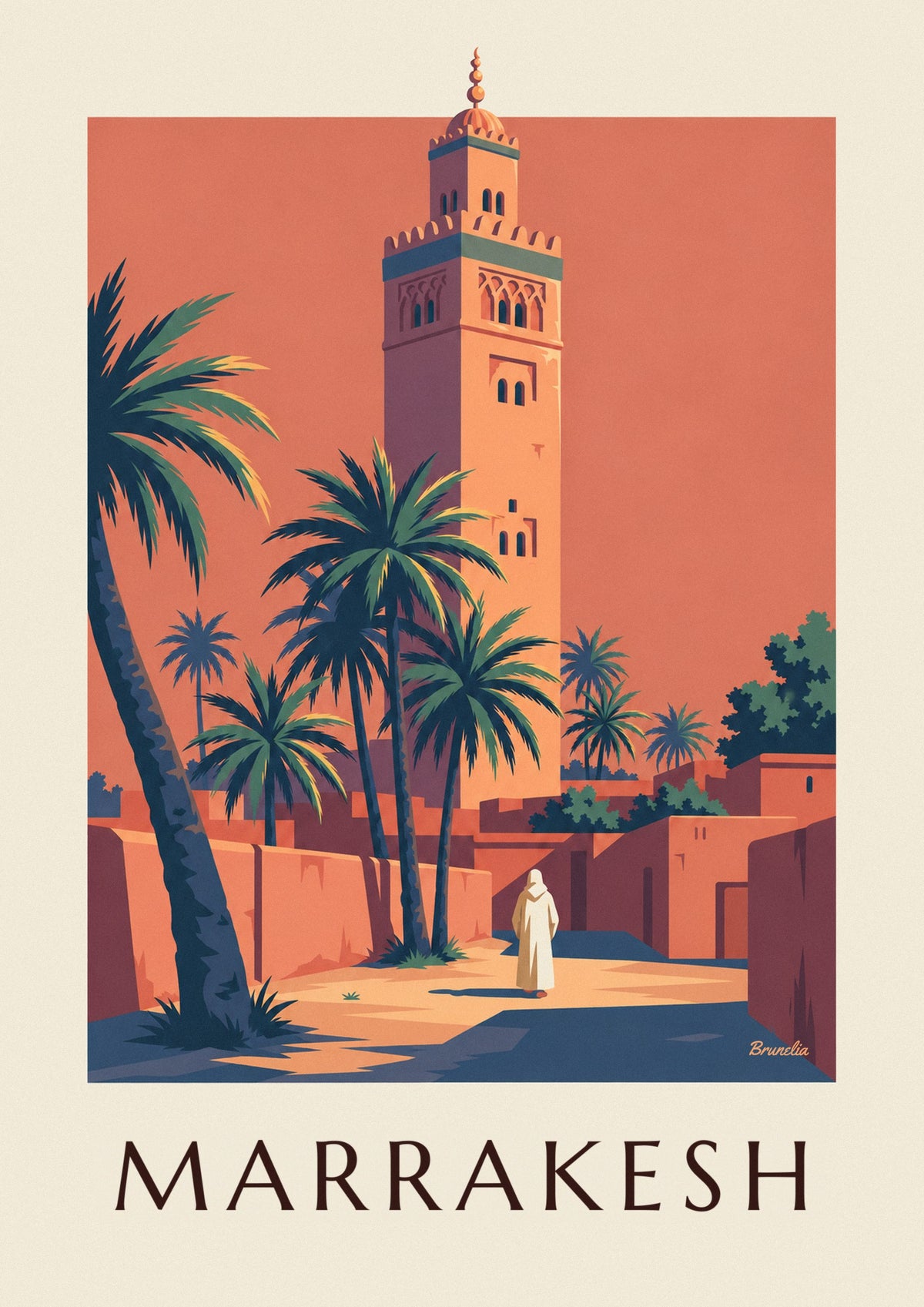 Illuminated Koutoubia minaret at dusk in Marrakech poster