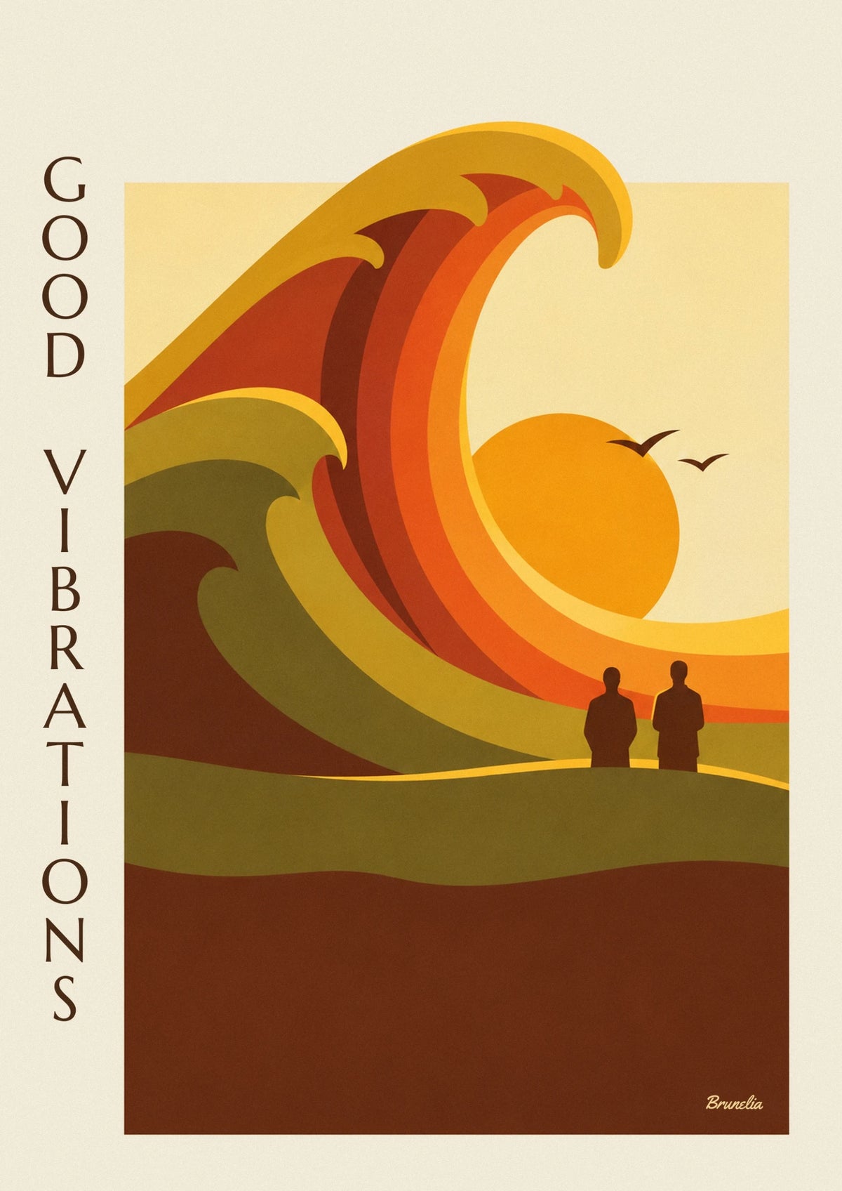 Affiche abstraite aux formes ondulantes et soleil levant