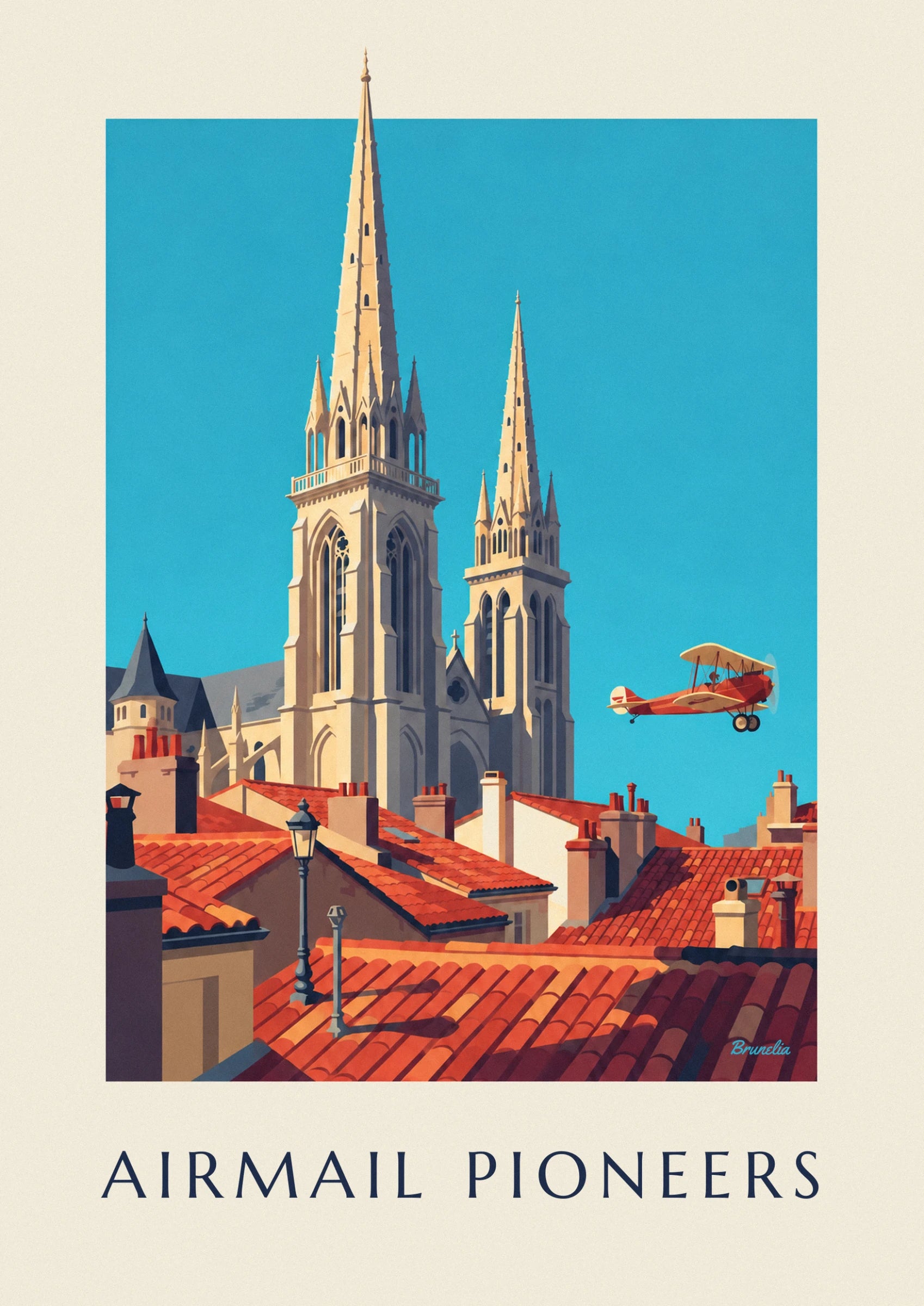 Les 2 flèches de pierre claire de la cathédrale, sous un ciel bleu turquoise