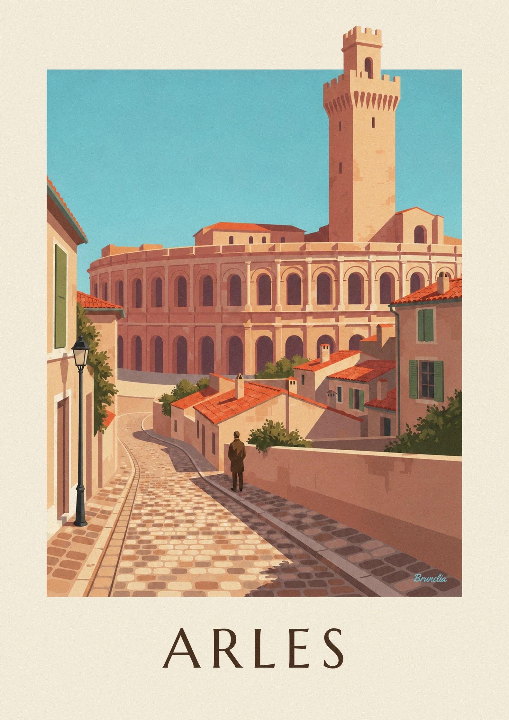 Les arcades des arènes d’Arles derrière les maisons aux toits de tuiles rouges