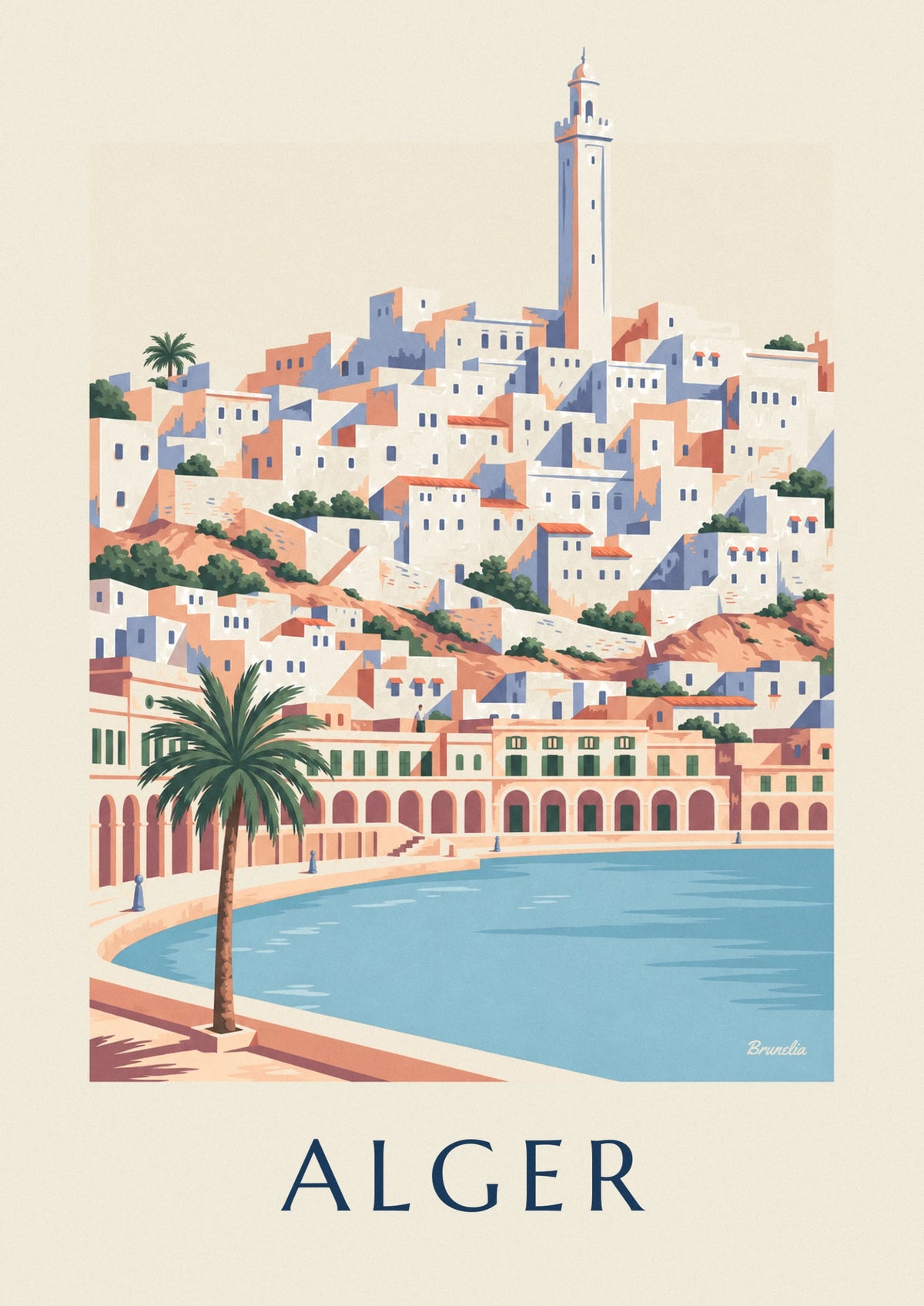Affiche casbah blanche d'Alger et front de mer à arcades