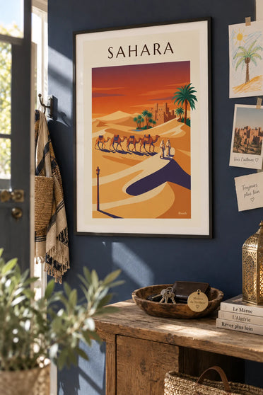 Poster of a camel caravan in the Algerian Sahara: framed on the wall