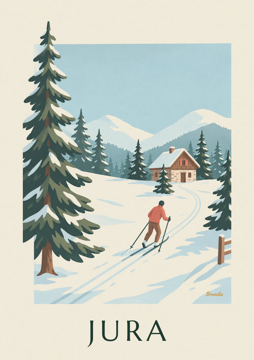 Poster of cross-country skiing through the fir forests of the Jura: the full poster