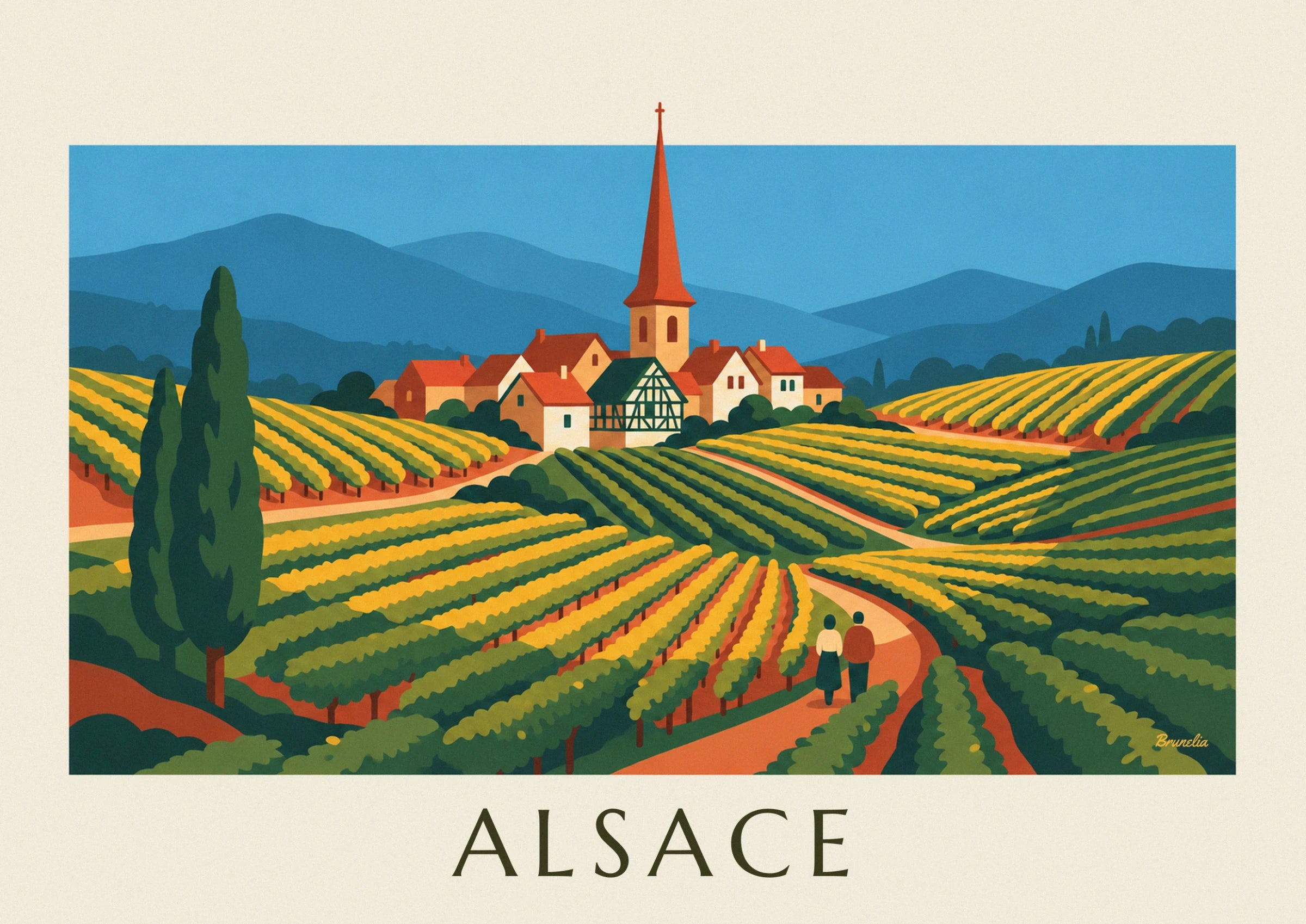 Le clocher à flèche rouge et les maisons à colombages d'un village alsacien, au-dessus des vignes