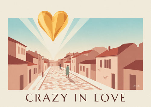 Affiche cœur doré Crazy in Love sur fond rose poudré : l'affiche entière