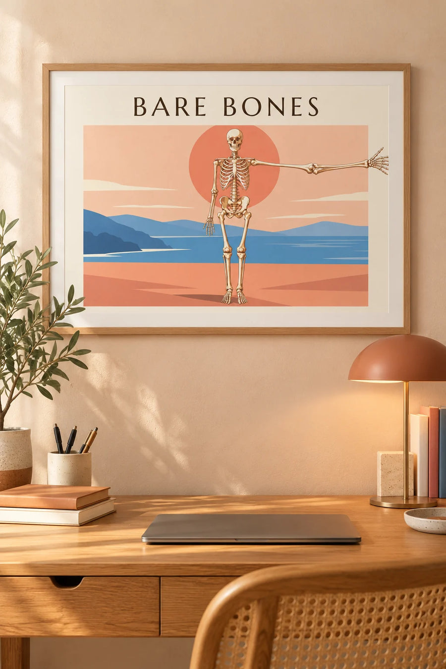 Affiche planche anatomique du squelette humain de face : encadrée au mur