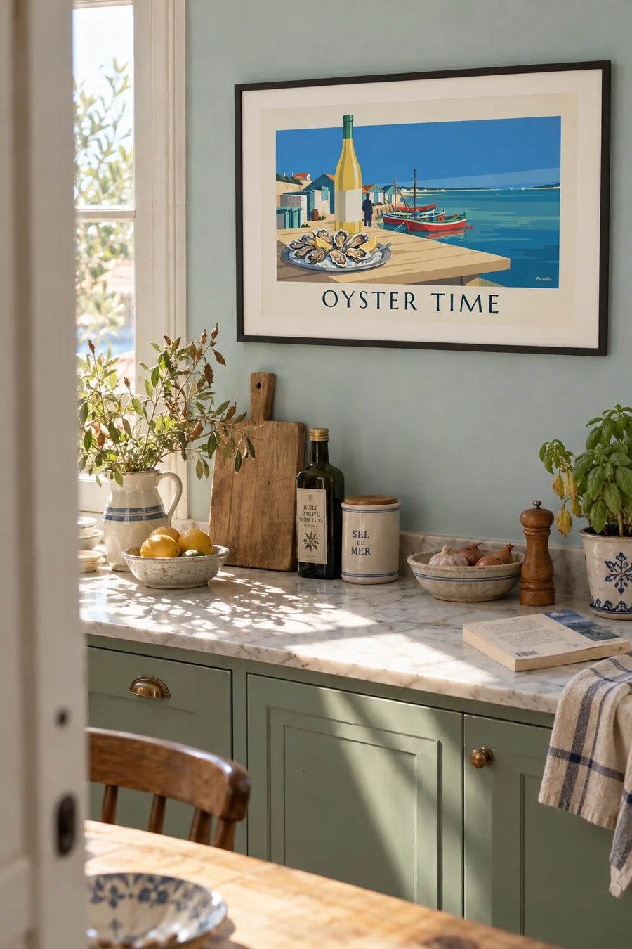 Affiche huîtres et vin blanc du bassin d'Arcachon : encadrée au mur