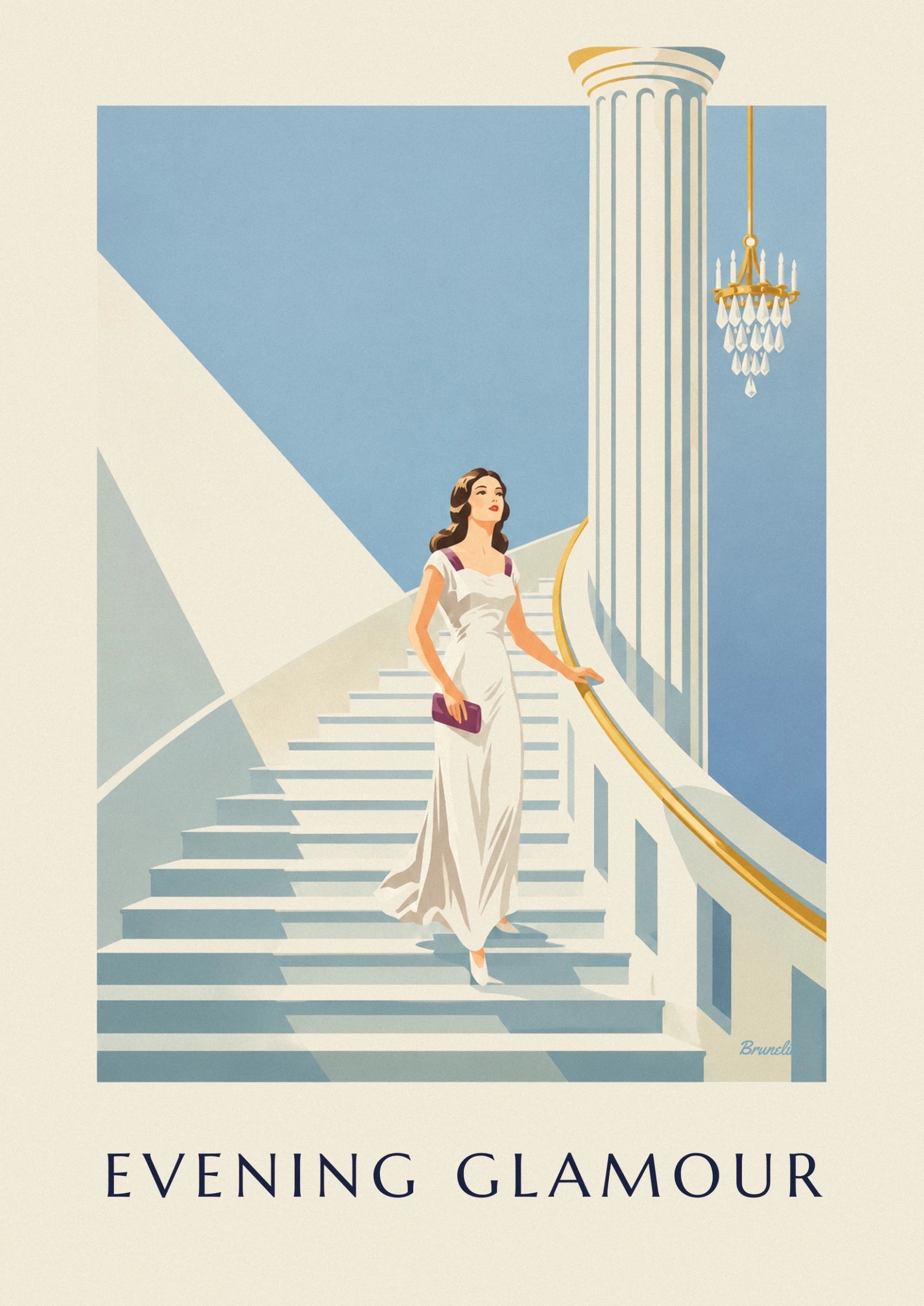 Une femme en robe ivoire, pochette violette à la main, sur le grand escalier