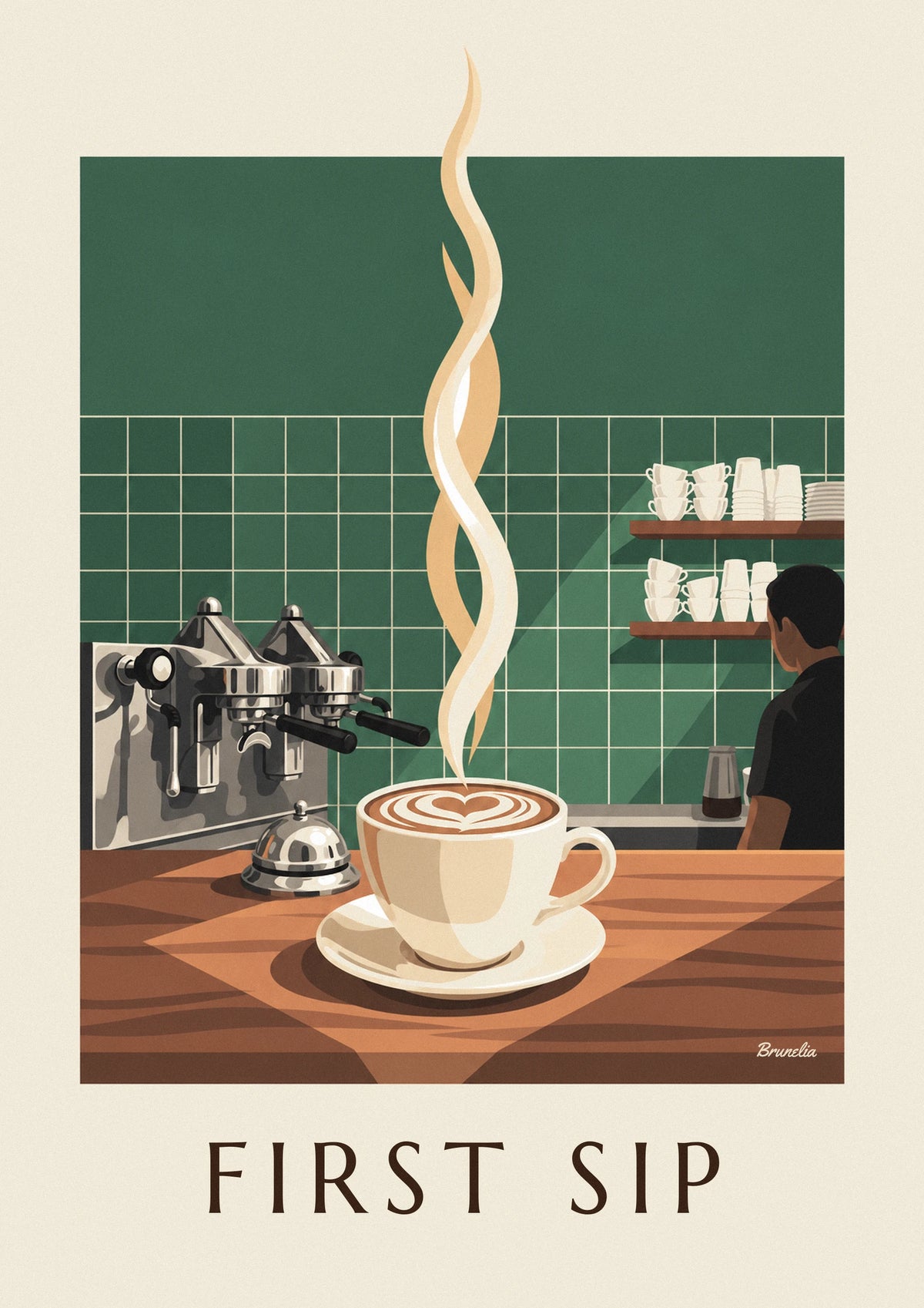 Affiche cappuccino au cœur de mousse sur un comptoir de café