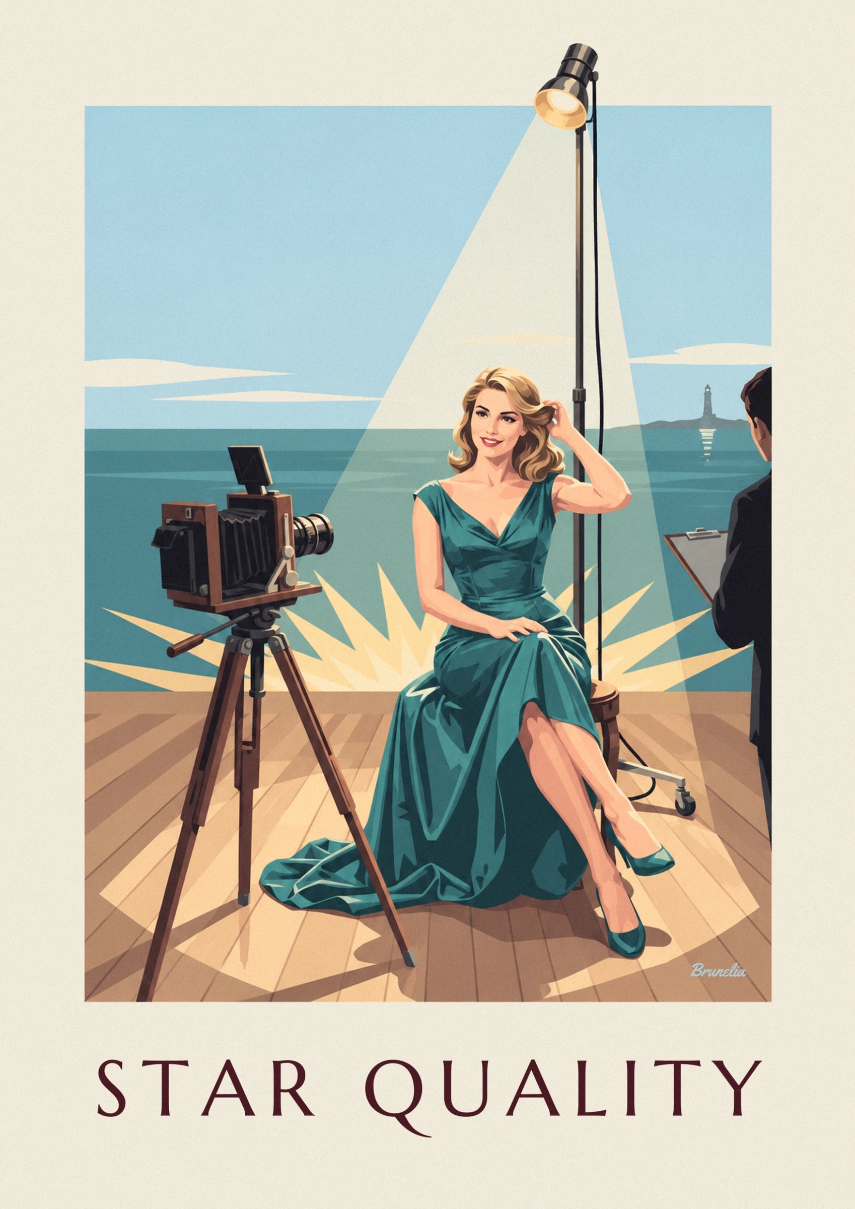 La femme blonde en robe verte, main dans les cheveux, assise près d'un projecteur