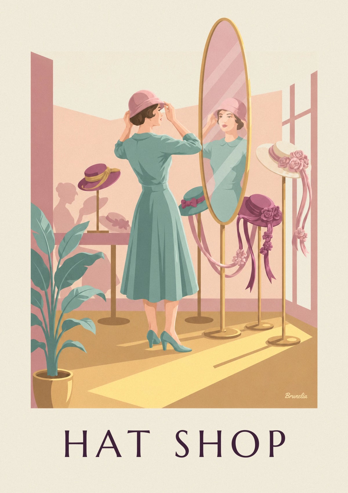 Woman trying on a hat at the milliner’s poster