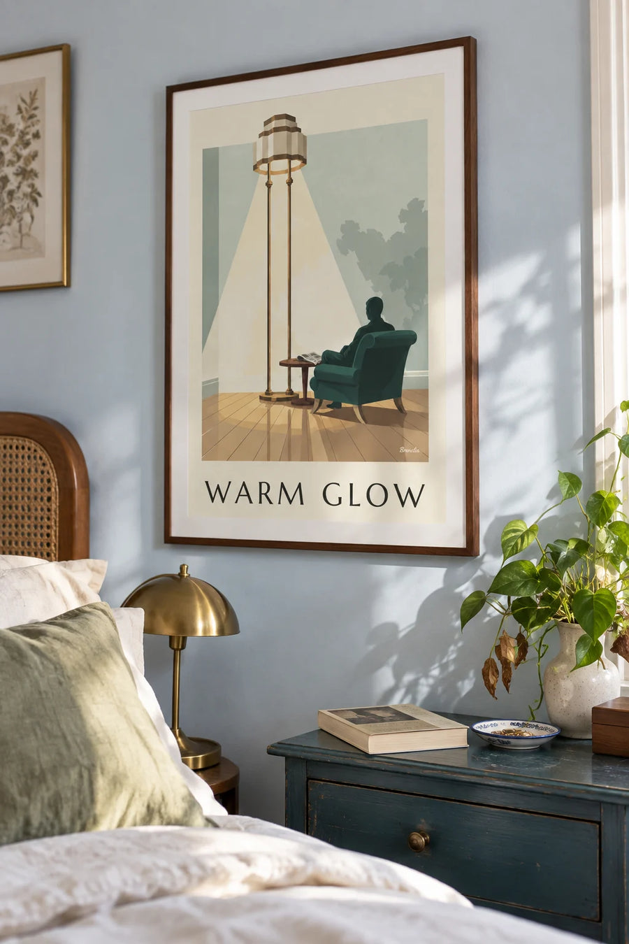Poster of a floor lamp with a geometric shade and an armchair: framed on the wall