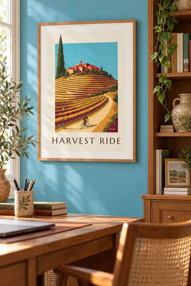 Affiche cycliste dans les vignes en automne : encadrée au mur