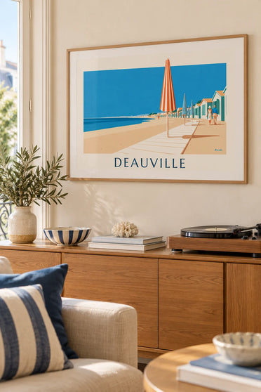 Deauville beach colorful parasols and boardwalk poster : framed on the wall