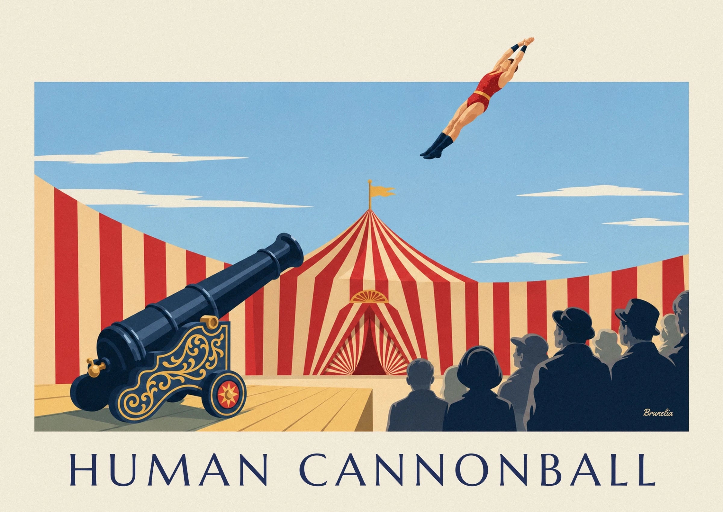 L’homme-canon en tenue rouge, bras tendus et bottes bleues dans le ciel