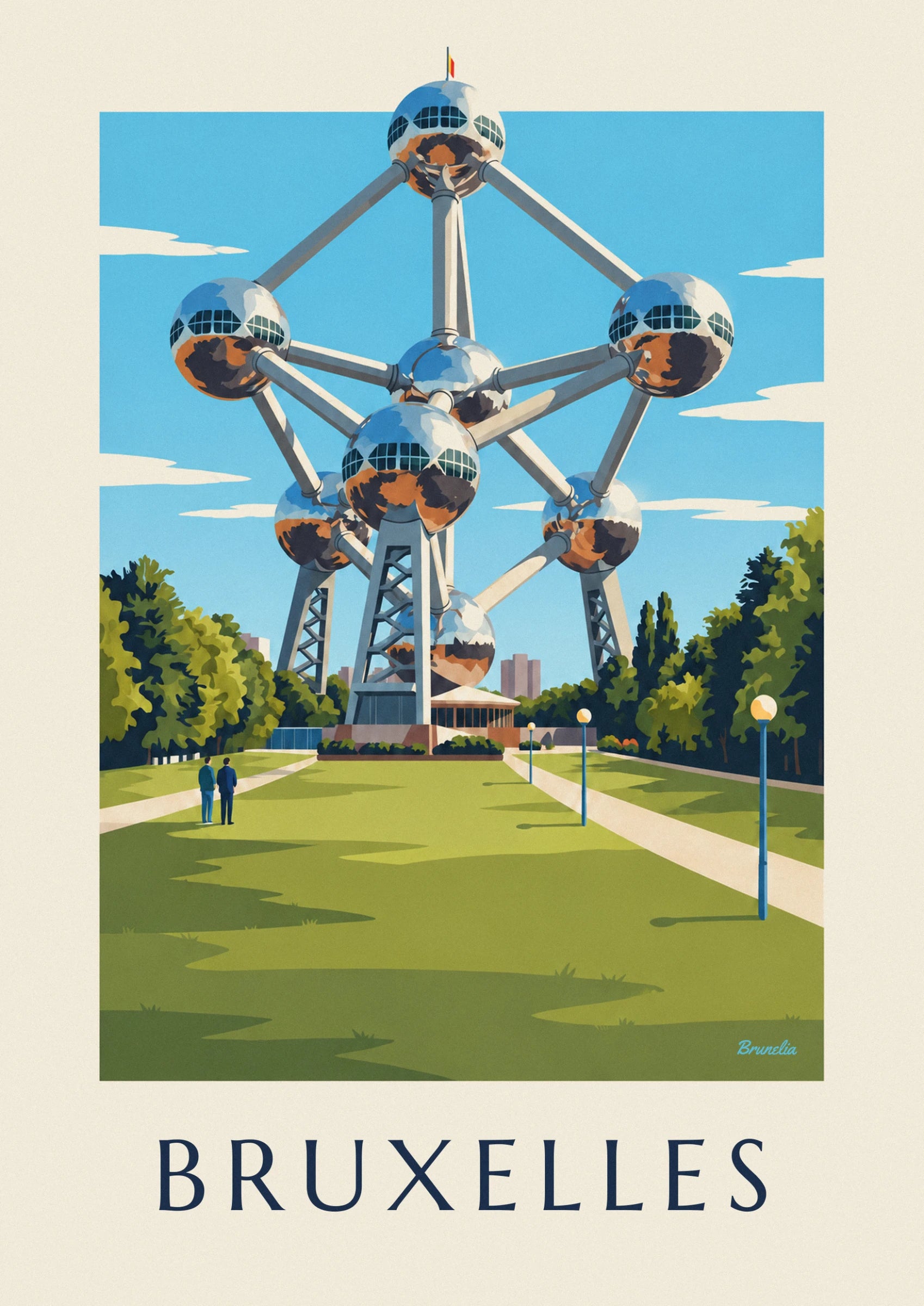 Les sphères d'acier de l'Atomium et leurs tubes, sur fond de ciel bleu