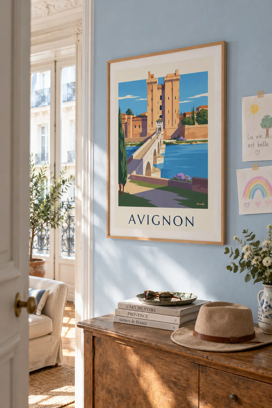 Poster of the Saint-Bénézet bridge and the Palais des Papes in Avignon: framed on the wall