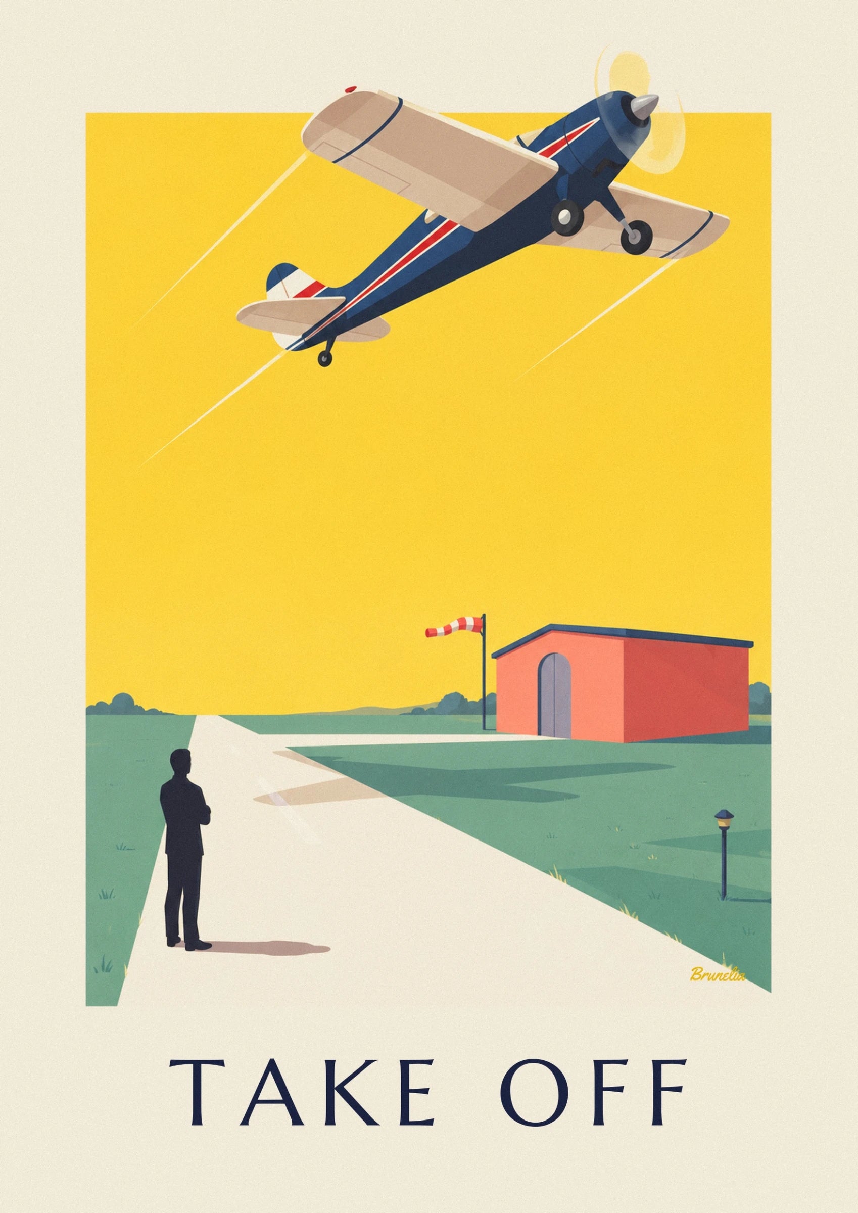L’avant de l’avion bleu aux ailes crème et son hélice sur le ciel jaune