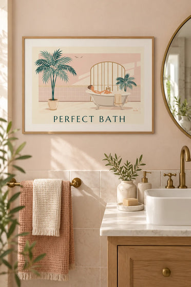 Woman in a bubble bath with green plants poster : framed on the wall