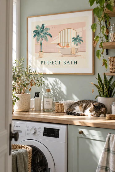 Poster of a woman in a bubble bath with green plants: framed on the wall