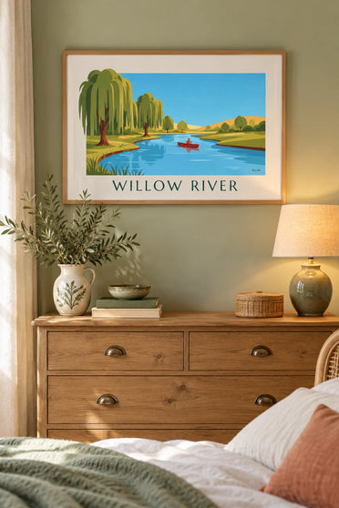 Canoe on a river lined with weeping willows poster : framed on the wall