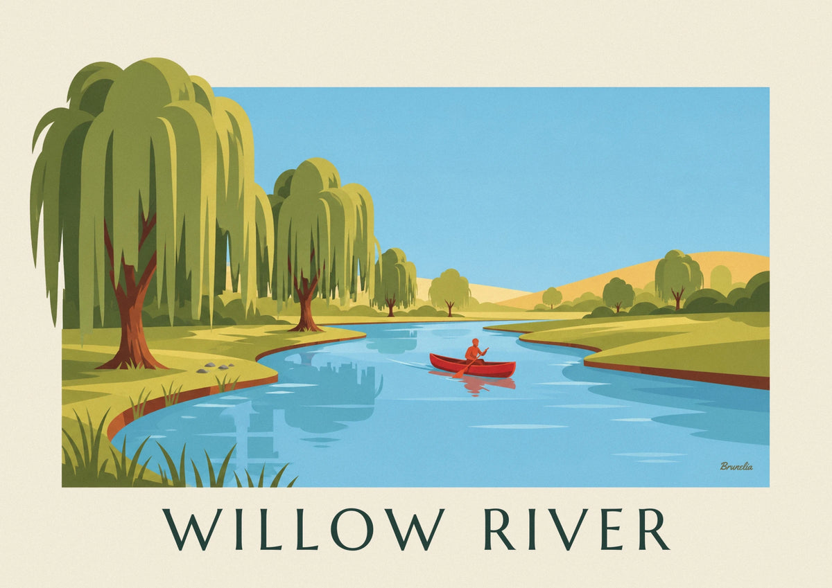 Affiche canoë sur une rivière bordée de saules pleureurs