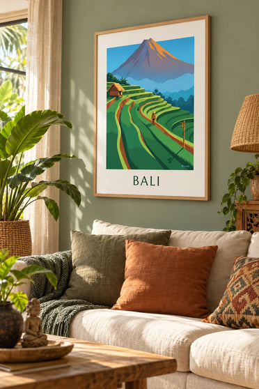 Bali terraced rice fields and Mount Agung at sunrise poster : framed on the wall