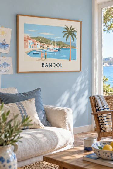 Poster of sailboats and a palm tree in the port of Bandol: framed on the wall