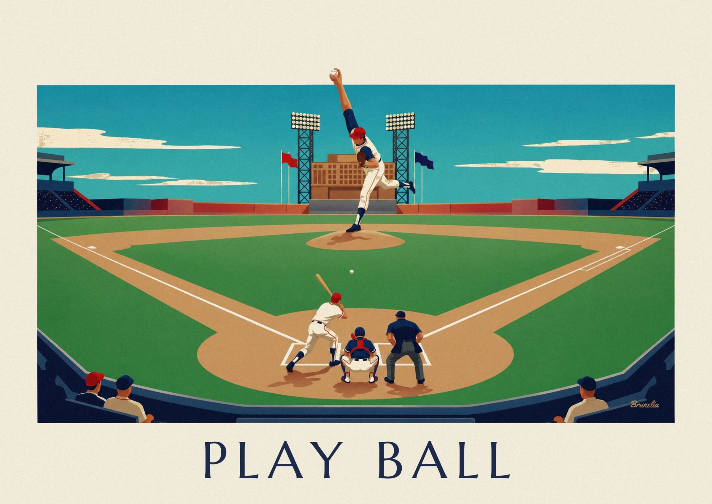 The batter in a red cap, the crouching catcher and the umpire facing the ball