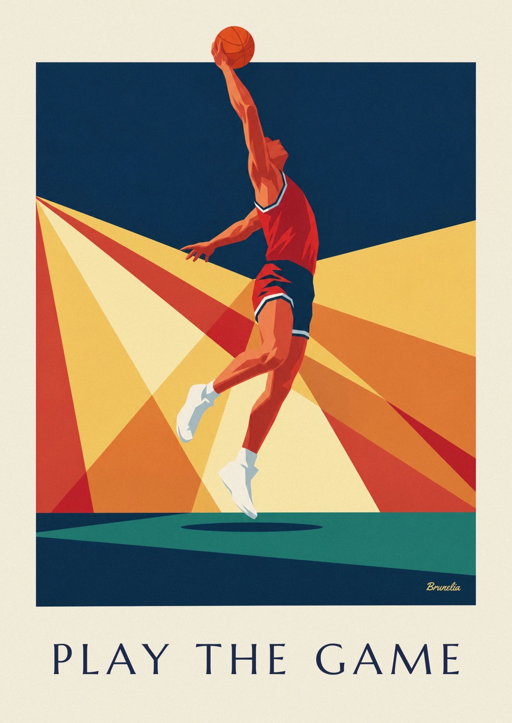Affiche joueur de basketball en plein dunk sur fond de rayons : détail en gros plan