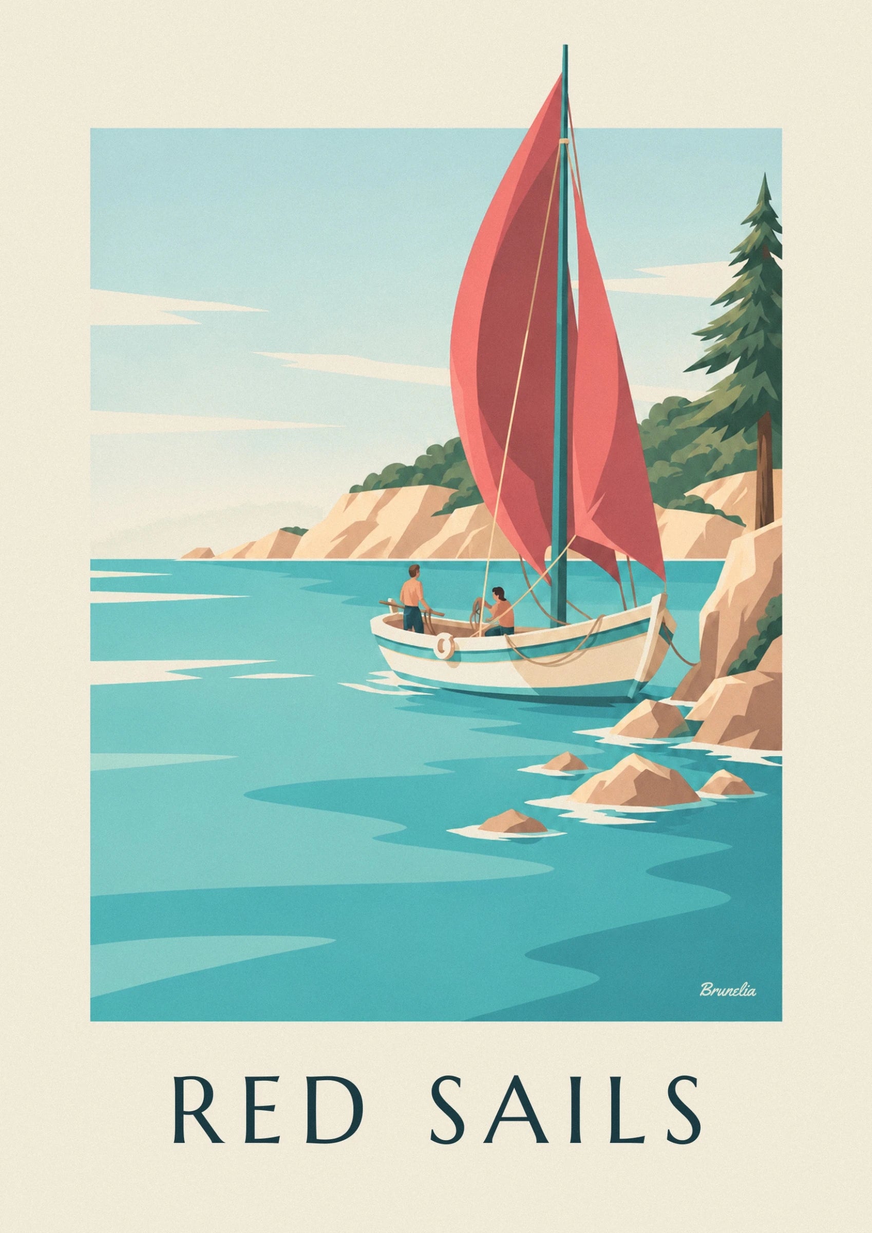 The 2 red lateen sails on their turquoise mast, in front of the cove of pines and rocks